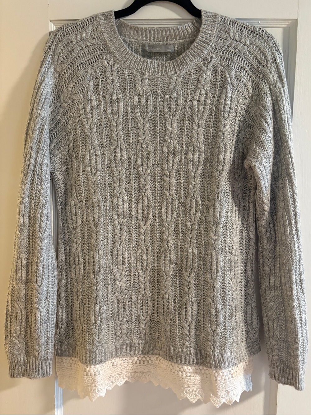 Light Gray Cable-Knit Crewneck Sweater with Lace Trim